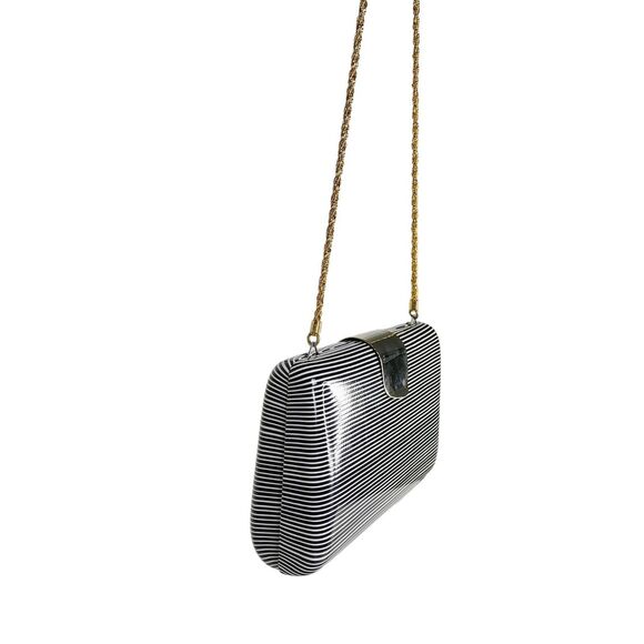 Vintage Saks Fifth Avenue Striped Clam Shell Chain Strap Bag Clutch Purse Italy - Picture 5 of 10